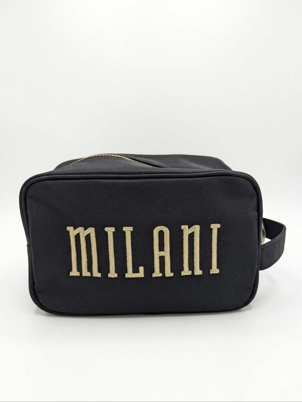 NEW Milani Black Cosmetic Travel Toiletry Bag with Gold Embroidered Logo